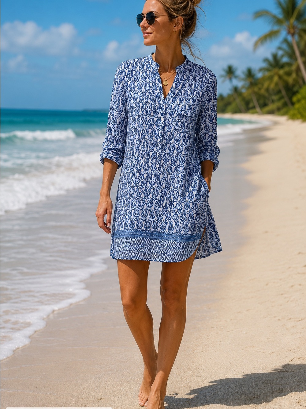 Nili Lotan Blue White Block Print Cotton Tunic Caftan XS